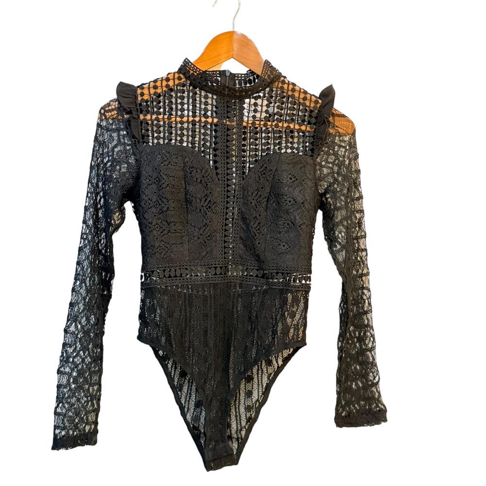 Hello Molly Bodysuit Small Black Lace Ruffle Mock Neck Vamp Whimsigoth Sexy
